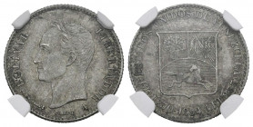 ESTADOS UNIDOS DE VENEZUELA. 1/4 Bolívar. (Ar. 1,25g/15mm). 1894. París A. (Km#Y20). Encapsulado NGC AU-55.