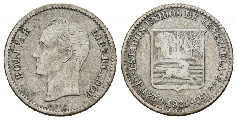 ESTADOS UNIDOS DE VENEZUELA. 1/4 Bolívar. (Ar. 1,24g/15mm). 1921. París. (KM#Y20...
