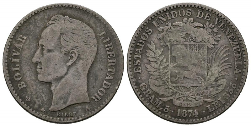 ESTADOS UNIDOS DE VENEZUELA. 20 Centavos. (Ar. 4,86g/23mm). 1874. París. (Km#Y14...