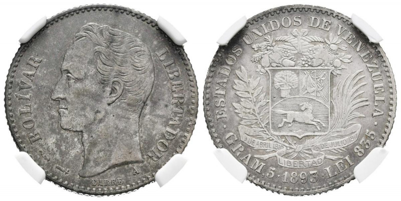 ESTADOS UNIDOS DE VENEZUELA. 1 Bolívar. (Ar. 5,00g/23mm). 1893. París A. (Km#Y22...