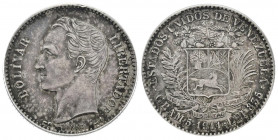 ESTADOS UNIDOS DE VENEZUELA. 1 Bolívar. (Ar. 5,00g/23mm). 1911. Philadelphia. (Km#Y22). Encapsulado ANACS AU-50.