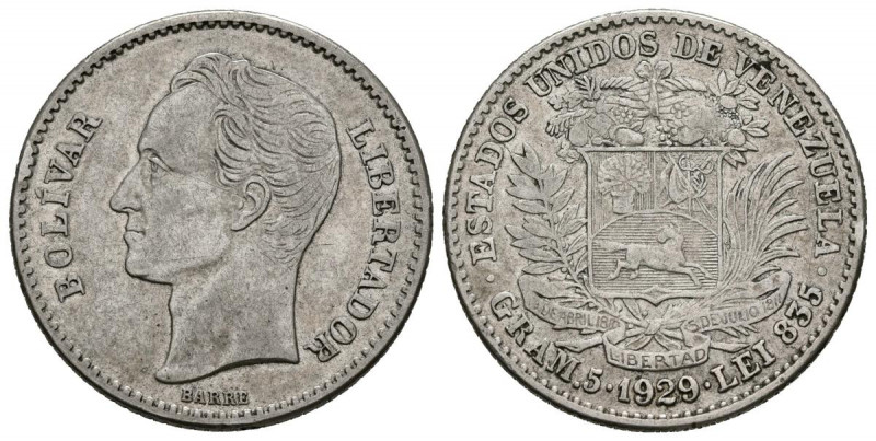 ESTADOS UNIDOS DE VENEZUELA. 1 Bolívar. (Ar. 5,00g/23mm). 1929. Philadelphia. (K...