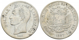 ESTADOS UNIDOS DE VENEZUELA. 2 Bolívares. (Ar. 10,00g/27mm). 1887. Caracas. (Km#Y23). MBC+.