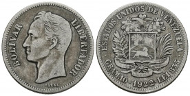 ESTADOS UNIDOS DE VENEZUELA. 2 Bolívares. (Ar. 9,87g/27mm). 1922. Philadelphia. (Km#Y23). MBC.