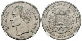ESTADOS UNIDOS DE VENEZUELA. 2 Bolívares. (Ar. 10,00g/27mm). 1929. Philadelphia. (Km#Y23). Encapsulado NGC AU-58.