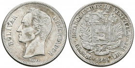 ESTADOS UNIDOS DE VENEZUELA. 2 Bolívares. (Ar. 10,00g/27mm). 1929. Philadelphia. (Km#Y23). EBC.