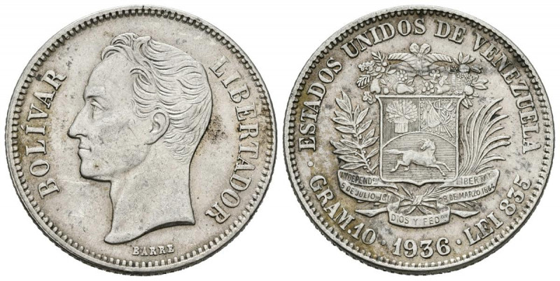 ESTADOS UNIDOS DE VENEZUELA. 2 Bolívares. (Ar. 10,00g/27mm). 1936 Philadelphia. ...