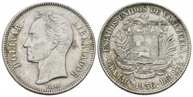 ESTADOS UNIDOS DE VENEZUELA. 2 Bolívares. (Ar. 10,00g/27mm). 1936 Philadelphia. (Km#Y23). SC-.