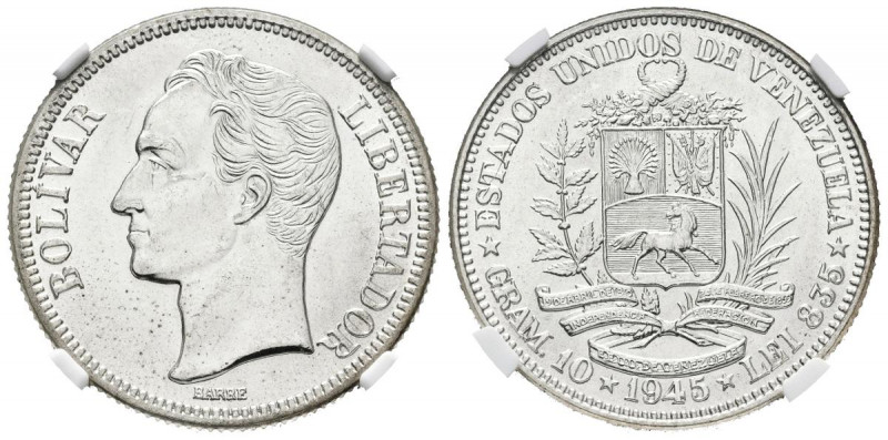ESTADOS UNIDOS DE VENEZUELA. 2 Bolívares (Ar. 10,00g/27mm). 1945. Philadelphia. ...