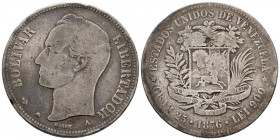 ESTADOS UNIDOS DE VENEZUELA. 1 Venezolano. (Ar. 24,14g/37mm). 1876. París. (Km#Y16). BC+.