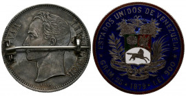 VENEZUELA. 5 Bolívares. (Ar. 24,20g/37mm). 1879. (Km#24.2). EBC. Reverso esmaltado, y montaje probablemente de la época en anverso.