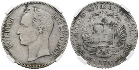 ESTADOS UNIDOS DE VENEZUELA. 5 Bolívares (Ar. 25,00g/37mm). 1879 (primer año de esta serie). Bruselas. (Km#Y24.1). Encapsulado NGC XF Details. Rara.