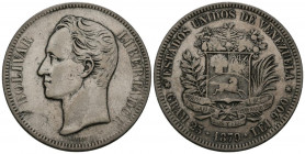 ESTADOS UNIDOS DE VENEZUELA. 5 Bolívares (Ar. 24,78g/37mm). 1879 (primer año de esta serie). Bruselas. (Km#Y24.1). MBC-.