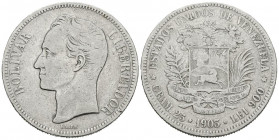ESTADOS UNIDOS DE VENEZUELA. 5 Bolívares. (Ar. 24,54g/37mm). 1903. (Km#Y24.2). MBC-/BC+.