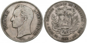 ESTADOS UNIDOS DE VENEZUELA. 5 Bolívares. (Ar. 24,65g/37mm). 1905. (Km#Y24.2). MBC.