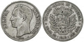ESTADOS UNIDOS DE VENEZUELA. 5 Bolívares. (Ar. 24,78g/37mm). 1910. París. (Km#Y24.2). MBC+.