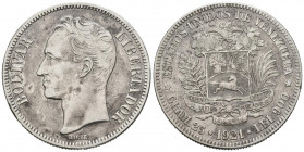 VENEZUELA. 5 Bolívares. (Ar. 24,89g/37mm). 1921. Philadelphia. (Km#Y24.2). MBC-.