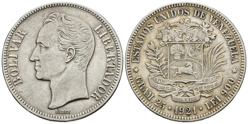 ESTADOS UNIDOS DE VENEZUELA. 5 Bolívares. (Ar. 24,95g/37mm). 1921. Philadelphia....