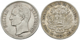 ESTADOS UNIDOS DE VENEZUELA. 5 Bolívares. (Ar. 24,95g/37mm). 1921. Philadelphia. (Km#Y24.2). MBC.