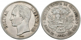 ESTADOS UNIDOS DE VENEZUELA. 5 Bolívares. (Ar. 24,94g/37mm). 1924. Philadelphia. (Km#24.2). MBC.
