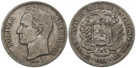 ESTADOS UNIDOS DE VENEZUELA. 5 Bolívares. (Ar. 24,93g/37mm). 1924. Philadelphia. (Km#24.2). MBC. Golpecitos.