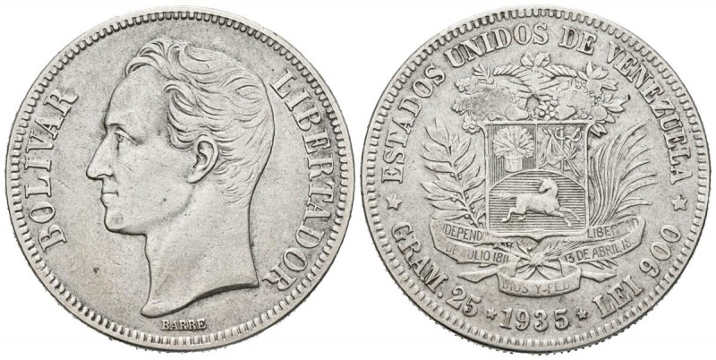 VENEZUELA. 5 Bolívares. (Ar. 24,83g/37mm). 1935. Philadelphia. (Km#Y24.2). MBC.