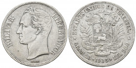 VENEZUELA. 5 Bolívares. (Ar. 24,83g/37mm). 1935. Philadelphia. (Km#Y24.2). MBC.