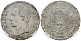 ESTADOS UNIDOS DE VENEZUELA. 5 Bolívares. (Ar. 25,00g/37mm). 1926. Philadelphia. (Km#Y24.2). Encapsulado NGC AU Details. Rayitas.