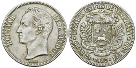 VENEZUELA. 5 Bolívares. (Ar. 25,00g/37mm). 1935. Philadelphia. (Km#24.2). MBC+