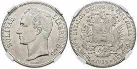 ESTADOS UNIDOS DE VENEZUELA. 5 Bolívares. (Ar. 25,00g/37mm). 1935. Philadelphia. (Km#Y24.2). Encapsulado NGC MS-62.