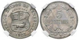 ESTADOS UNIDOS DE VENEZUELA. 5 Céntimos. (CuNi. 2,30g/19mm). 1927. Philadelphia. (Km#Y27). Encapsulado NGC MS-65.