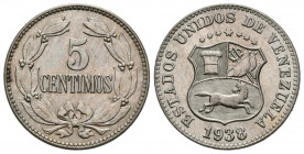 ESTADOS UNIDOS DE VENEZUELA. 5 Céntimos. (Cu-Ni. 2,49g/19mm). 1938. Philadelphia. (Km#Y27). SC.