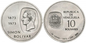 VENEZUELA. 10 Bolívares (Ar. 30,34g/39mm). 1973. Centenario de la efigie de Simón Bolivar en la moneda 1873-1973. (Km#Y45). EBC.