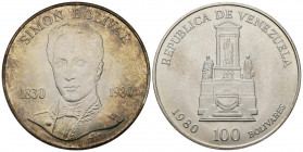 VENEZUELA. 100 Bolívares. (Ar. 22,00g/40mm). 150 Aniversario del nacimiento de Simón Bolívar. 1980. Londres. (Km#Y56). PROOF.