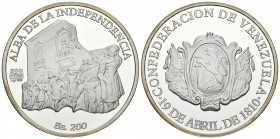 REPÚBLICA BOLIVARIANA DE VENEZUELA. 200 Bolívares. (Ar. 31,10g/38mm). 2010. 200 Aniversario del Alba de Independencia (1810-2010). (Km#Y95). PROOF.