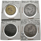 ESPAÑA. Conjunto formado por 4 monedas falsas de época, 3 de Isabel II en plomo y 1 del Estado Español en cobre. Diferentes estados de conservación. A...