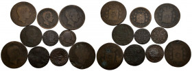 MONARQUIA ESPAÑOLA y CENTENARIO DE LA PESETA. Lote compuesto por 10 monedas de cobre españolas de diferentes periodos. Incluyen diferentes valores y a...