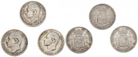 CENTENARIO DE LA PESETA. Conjunto de 3 piezas de 50 céntimos de Alfonso XII. Años de 1880 y 1885. Diferentes estados de conservación. A EXAMINAR.