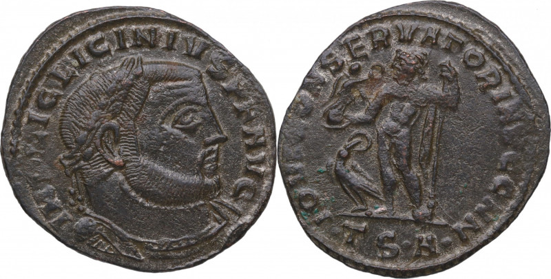 315-316. Licinio I. Tesalónica. Follis. Cy84 ric 10. Ae. 3,56 g. / Júpiter con r...