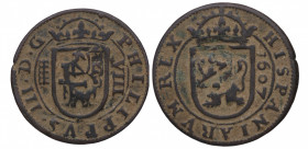 1607. Felipe III (1598-1621). Segovia. 8 Maravedís. A&C 316. Cu. 5,00 g. Resello de Anagrama de 1658-59. MBC. Est.40.