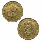 1760. Fernando VI (1746-1759). Popayán. 2 escudos. J. A&C 664. Au. 6,72 g. Bella. Brillo original. Abultamiento en campo en anverso de acuñación. EBC....