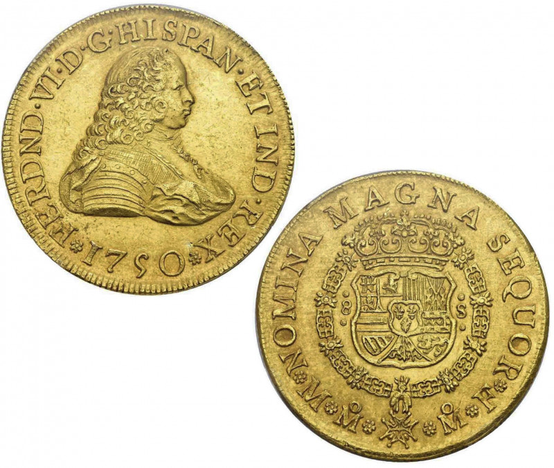 1750. Fernando VI (1746-1759). México. 8 escudos. MM. A&C 795. Au. Bellísima. Br...