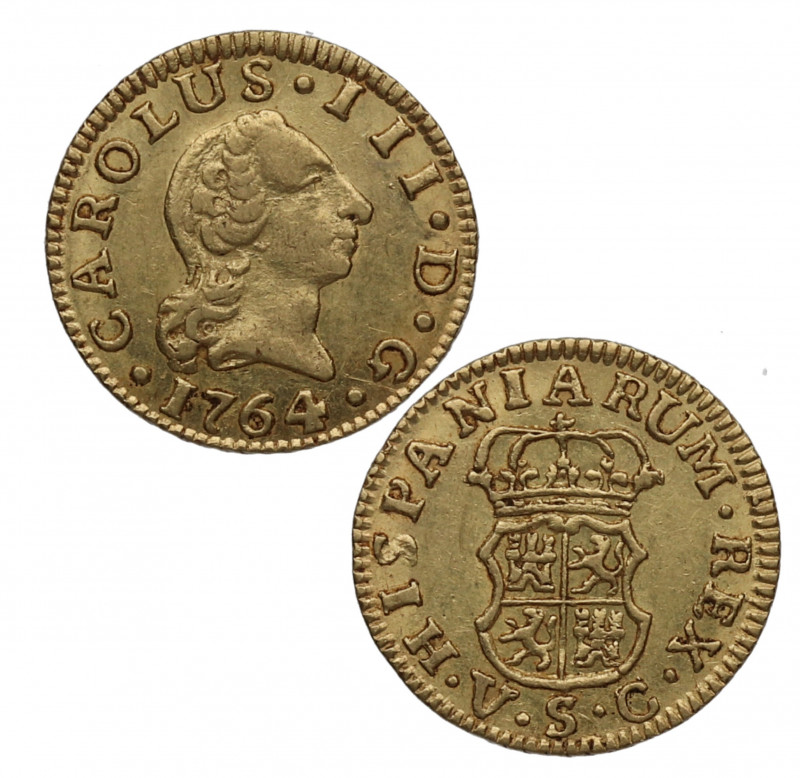 1764. Carlos III (1759-1788). Sevilla. 1/2 escudo. VC. A&C 1295. Au. 1,77 g. Muy...
