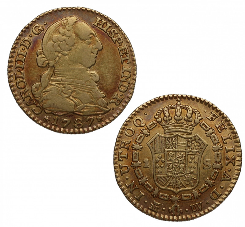 1787. Carlos III (1759-1788). Madrid. 1 escudo. DV. A&C 1370. Au. 3,38 g. Pátina...