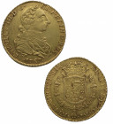 1767. Carlos III (1759-1788). Lima. 8 escudos. JM. A&C 1920. Au. 27,00 g. Cara de Rata. Bella. Brillo original. ESCASA. Insignificantes hojitas en rev...