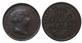 1859. Isabel II (1833-1868). Segovia. 5 Céntimos de Real. A&C 164. Ae. 2,06 g. Bella. Pátina. EBC+. Est.70.