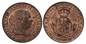1868. Isabel II (1833-1868). Barcelona. 1/2 Céntimo de Escudo. OM. A&C 201. Ae. 1,25 g. Brillo original. SC-. Est.50.