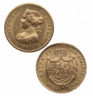 1865. Isabel II (1833-1868). Madrid. 4 escudos. A&C 688. Au. 3,33 g. Muy bella. Brillo original. EBC+. Est.280.