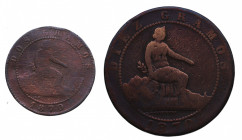 1870. I República (1868-1871, 1873-1874). Barcelona. 2 Monedas de 2 y 10 Céntimos. CM. A&C 4 y 8. Cu. BC+. Est.10.
