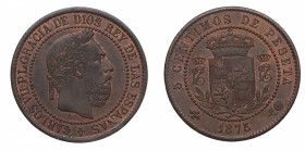 1875. Carlos VII Pretendiente. Bruselas. 5 Céntimos de peseta. A&C 2. Ae. 5,06 g. Restos de brillo original. EBC+. Est.100.